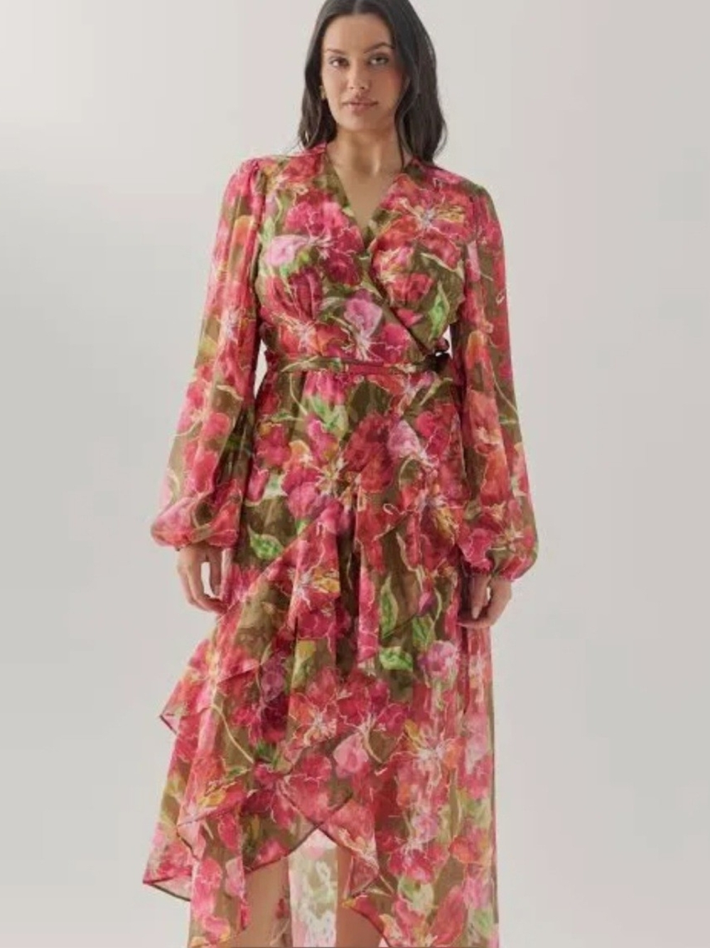 NWT Hutch Sadey Floral Wrap High-Low Maxi Dress Olive Multi Vivid Orchids